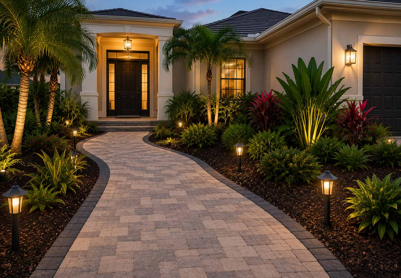 Curved paver walkway leading to luxury Florida home entrance with landscape lighting and tropical plants