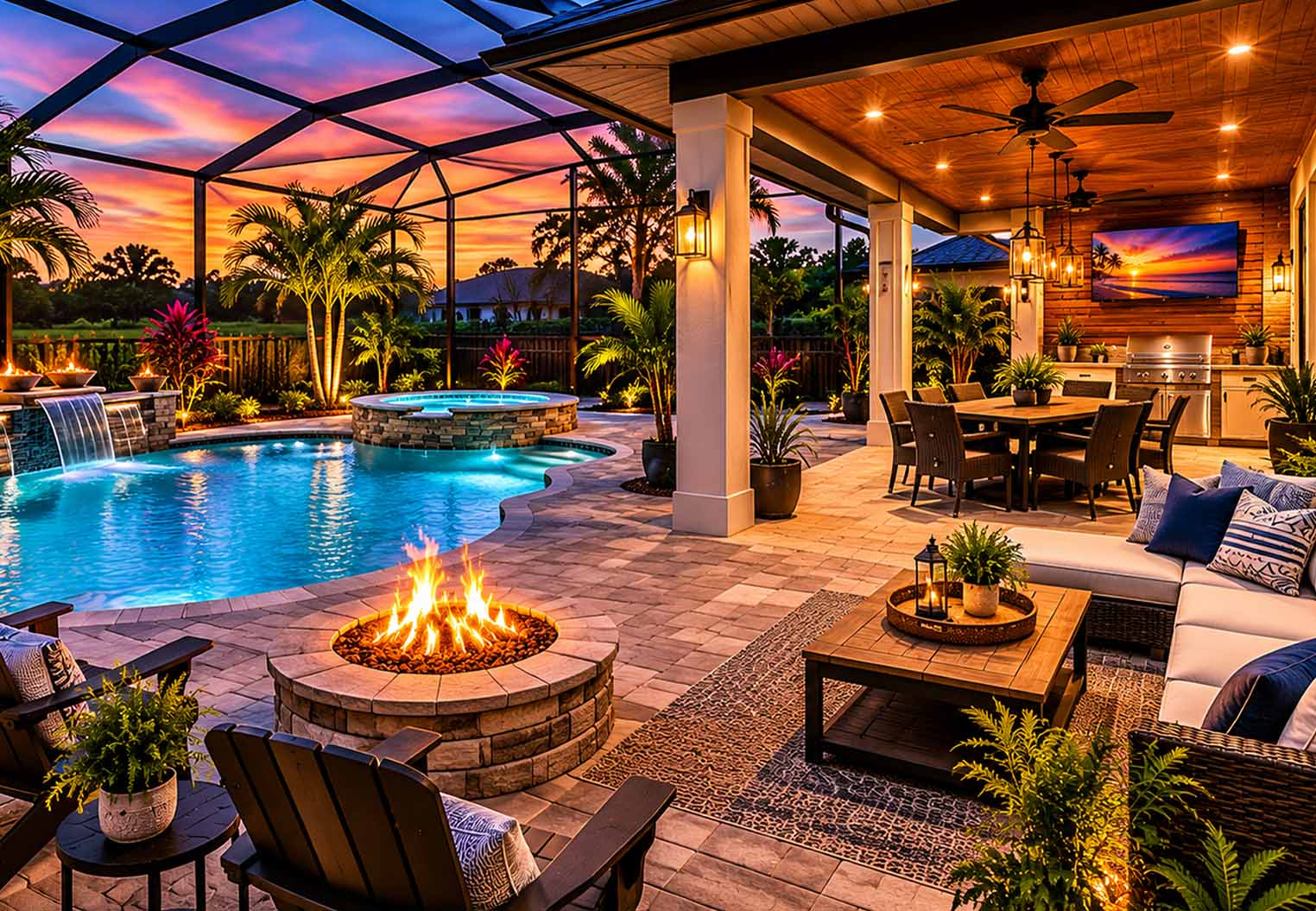 Custom screened pool enclosure and upscale backyard outdoor living space with fire pit and tropical landscaping in Florida