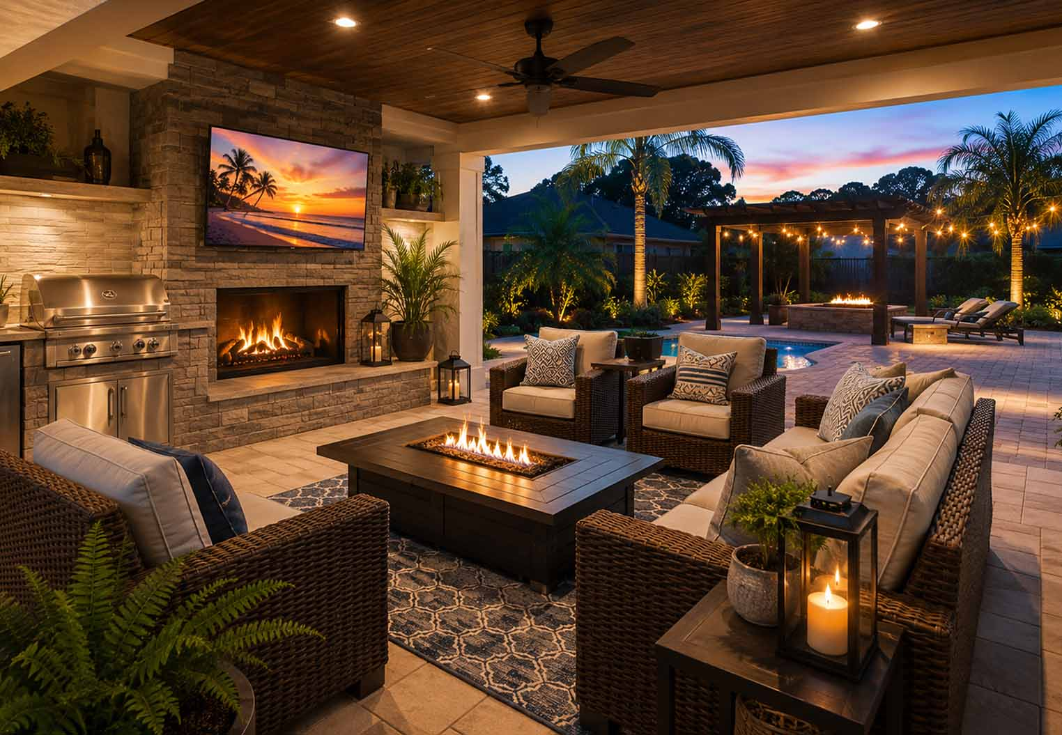 Luxury backyard with pool, pergola, outdoor kitchen, and custom outdoor living upgrades at sunset