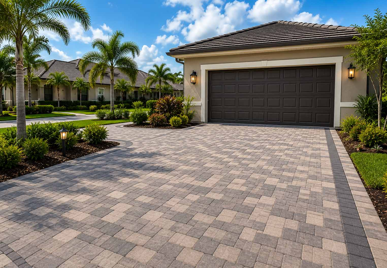 Modern Florida home with custom paver driveway, tropical landscaping, and upscale residential curb appeal