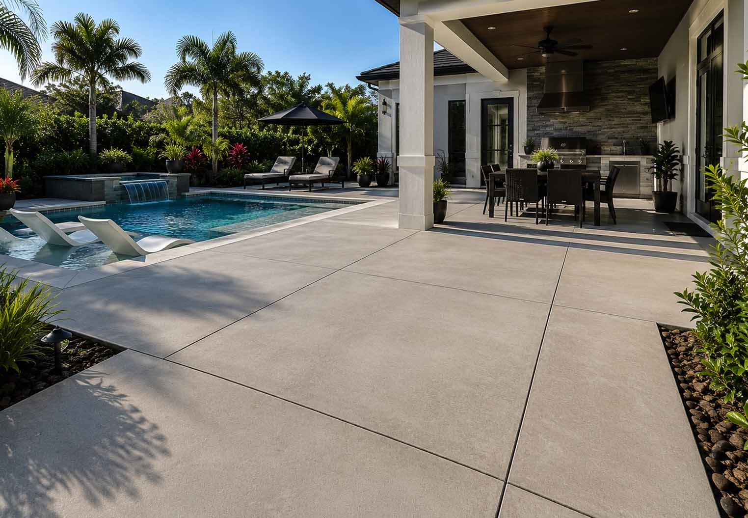 Modern-backyard-concrete-pool-deck-with-covered-outdoor-kitchen-and-luxury-Florida-outdoor-living-space.webp